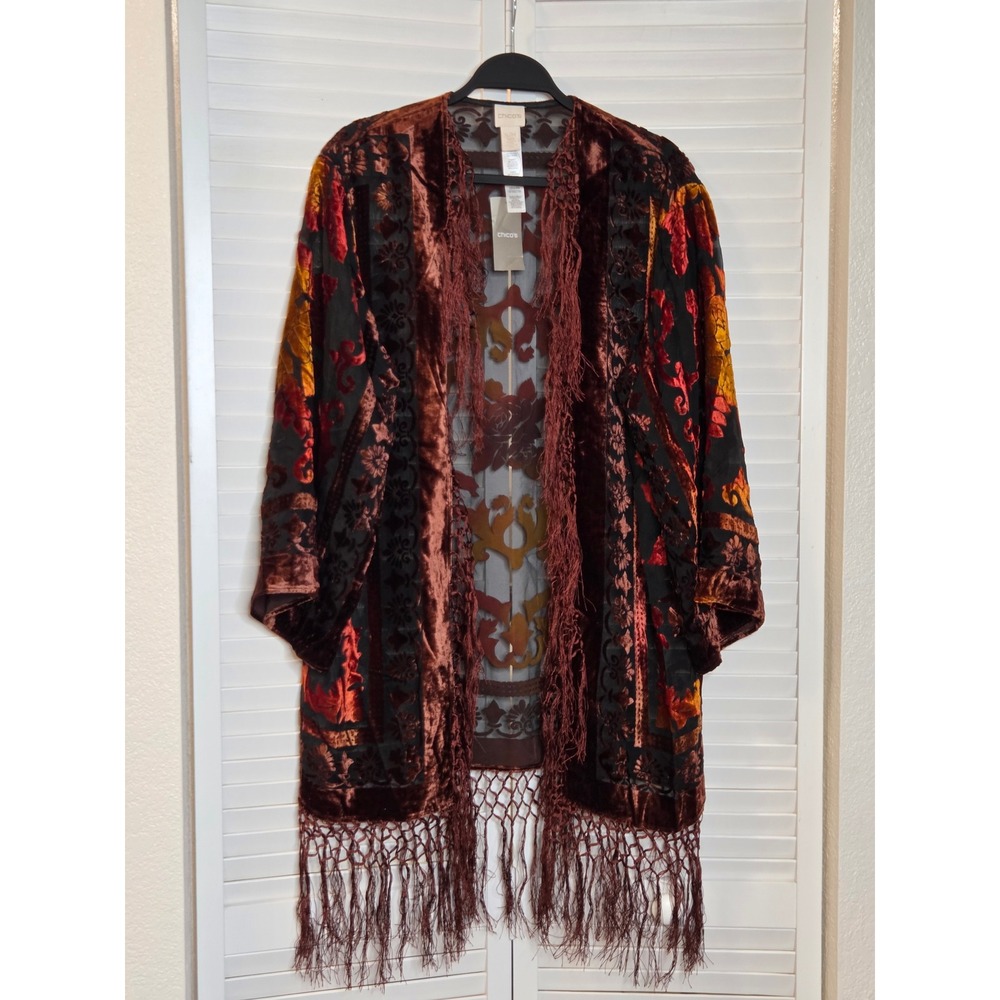 NWT Chico's Velvet Burnout Fringe Kimono Jacket S/M Orange Floral Sheer Boho LS